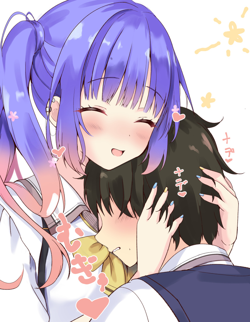 1boy 1girl ^_^ absurdres arm_behind_head black_hair blonde_hair blue_hair blue_nails blush bow closed_eyes commentary ear_piercing eyelashes flower gradient_hair hair_between_eyes hair_flower hair_ornament hair_over_shoulder happy headpat heart hetero highres hug kohibari_kurumi multicolored_hair nail_polish no_eyes nose open_mouth piercing profile purunyara school_uniform short_hair sidelocks simple_background smile sound_effects spiked_hair suspenders tanikaze_riku tenshi_souzou twintails wavy_hair white_background yellow_bow yellow_nails