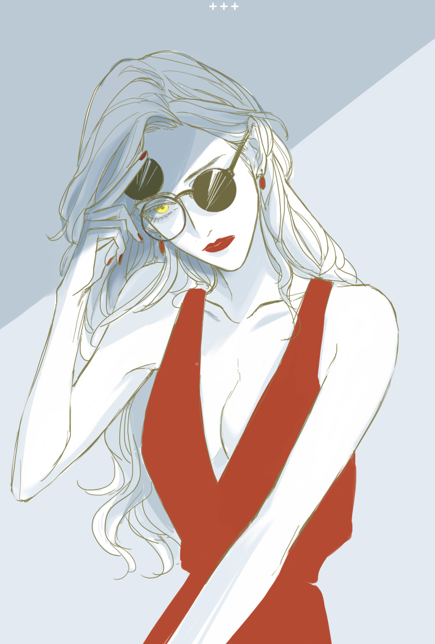1girl absurdres bare_shoulders breasts cleavage clip-on_sunglasses collarbone commentary deerwhisky dress earrings highres jewelry limited_palette lipstick long_hair looking_at_viewer makeup medium_breasts original red_dress red_lips round_eyewear shade sleeveless sleeveless_dress solo sunglasses upper_body yellow_eyes
