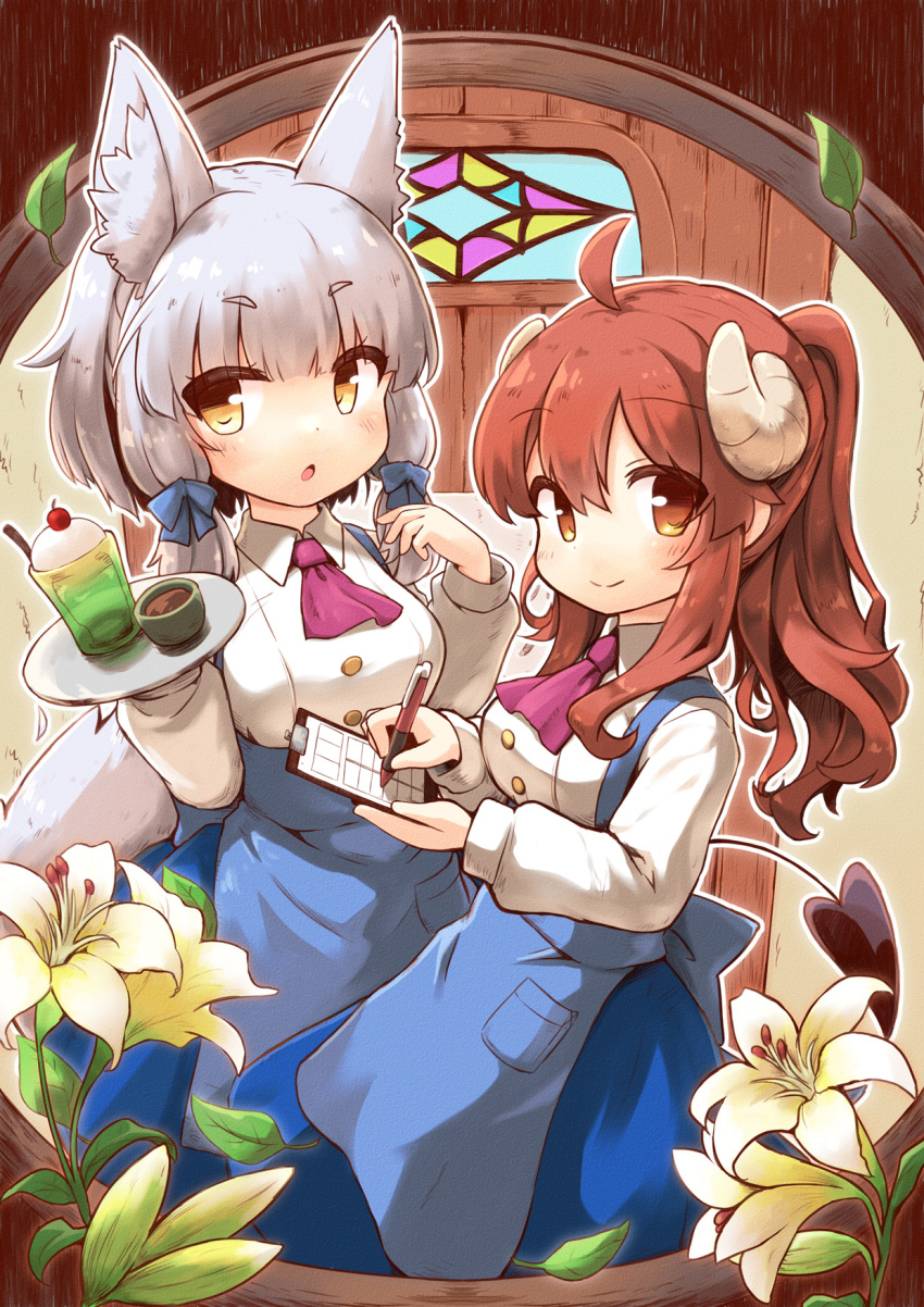 2girls ahoge animal_ear_fluff animal_ears apron ascot blue_apron blue_bow blue_skirt blunt_bangs blush bow breasts brown_eyes brown_hair cafe chestnut_mouth closed_mouth collared_shirt commentary cowboy_shot curled_horns demon_girl demon_horns demon_tail eyelashes eyes_visible_through_hair flower fox_ears fox_girl fox_tail hair_between_eyes hair_bow hands_up highres holding holding_notepad holding_pen holding_tray horns indoors kareya leaf lily_(flower) long_hair long_skirt long_sleeves looking_at_viewer machikado_mazoku medium_breasts multiple_girls notepad official_alternate_costume official_alternate_hairstyle open_mouth pen ponytail red_ascot riko_(machikado_mazoku) shirt short_eyebrows short_hair sidelocks skirt smile split_mouth standing straight_hair suspender_skirt suspenders tail tray waitress wavy_hair white_flower white_hair white_shirt yellow_eyes yoshida_yuuko_(machikado_mazoku)