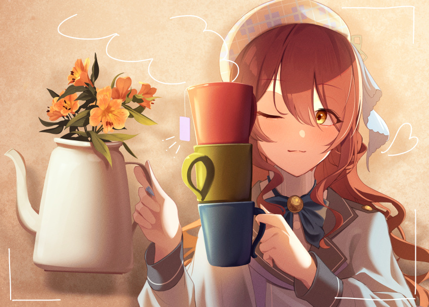 1girl :3 absurdres beret blue_nails blush bow bowtie brooch brown_hair closed_jacket closed_mouth commentary cup english_commentary flower hair_between_eyes hair_over_one_eye hat heart highres holding holding_cup holding_teapot idolmaster idolmaster_shiny_colors jewelry long_hair long_sleeves looking_at_viewer mug odecono3 one_eye_closed osaki_tenka smile steam tea teabag teapot turtleneck upper_body viewfinder wavy_hair yellow_eyes