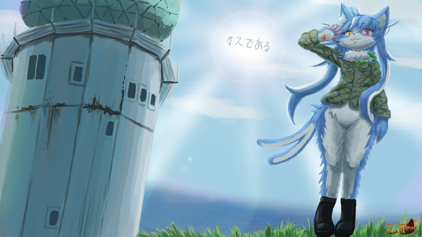 16:9 anthro barracks blue_body blue_fur blue_hair blue_sky bottomless bottomless_male clothed clothing cloud domestic_cat felid feline felis footwear fur girly grass green_clothing hair heterochromia hi_res japan_air_self-defense_force kemono long_hair male male_(lore) mammal mascot omaneko_(jasdf) pantsless plant ratteu sea shoes sky smile soldier soldier_uniform solo warrior water white_body white_fur widescreen