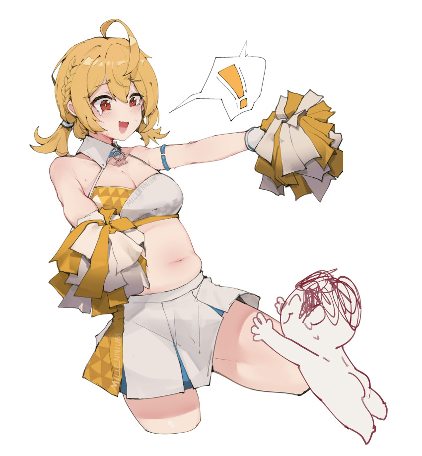 ! 1boy 1girl :d ahoge arona's_sensei_doodle_(blue_archive) ass bare_arms bare_shoulders blonde_hair blue_archive blush breasts cheerleader chibi crop_top cropped_legs doro_au hair_between_eyes hair_ornament highres holding holding_pom_poms kotori_(blue_archive) kotori_(cheer_squad)_(blue_archive) medium_breasts midriff millennium_cheerleader_outfit_(blue_archive) miniskirt muffin_top navel nude open_mouth outstretched_arms plump pom_pom_(cheerleading) red_eyes sensei_(blue_archive) short_hair short_twintails simple_background skirt sleeveless smile standing stomach thighs twintails white_background white_skirt