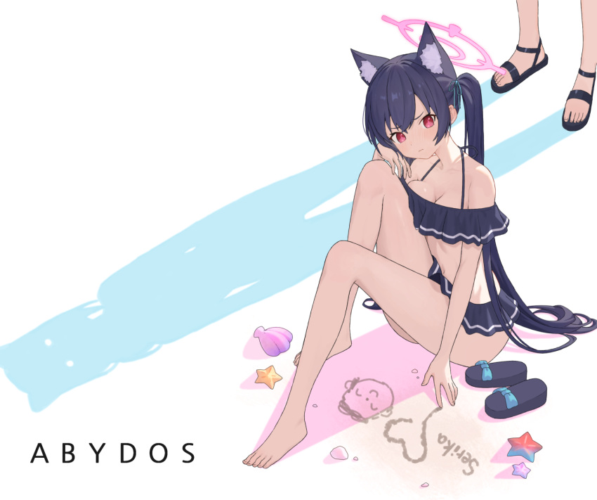 2girls animal_ear_fluff animal_ears arona's_sensei_doodle_(blue_archive) ass barefoot bikini black_bikini black_hair blue_archive bow breasts cameo cat_ears cat_girl character_name cleavage commentary_request cro_(user_znms5733) extra_ears frilled_bikini frills hair_between_eyes hair_bow hair_ribbon halo heart highres knee_to_chest knees_up long_hair multiple_girls navel out_of_frame red_eyes ribbon sandals sandals_removed sensei_(blue_archive) serika_(blue_archive) serika_(swimsuit)_(blue_archive) shell_casing shiroko_(blue_archive) shiroko_(swimsuit)_(blue_archive) sidelocks simple_background sleeveless spaghetti_strap starfish stomach swimsuit toes twintails