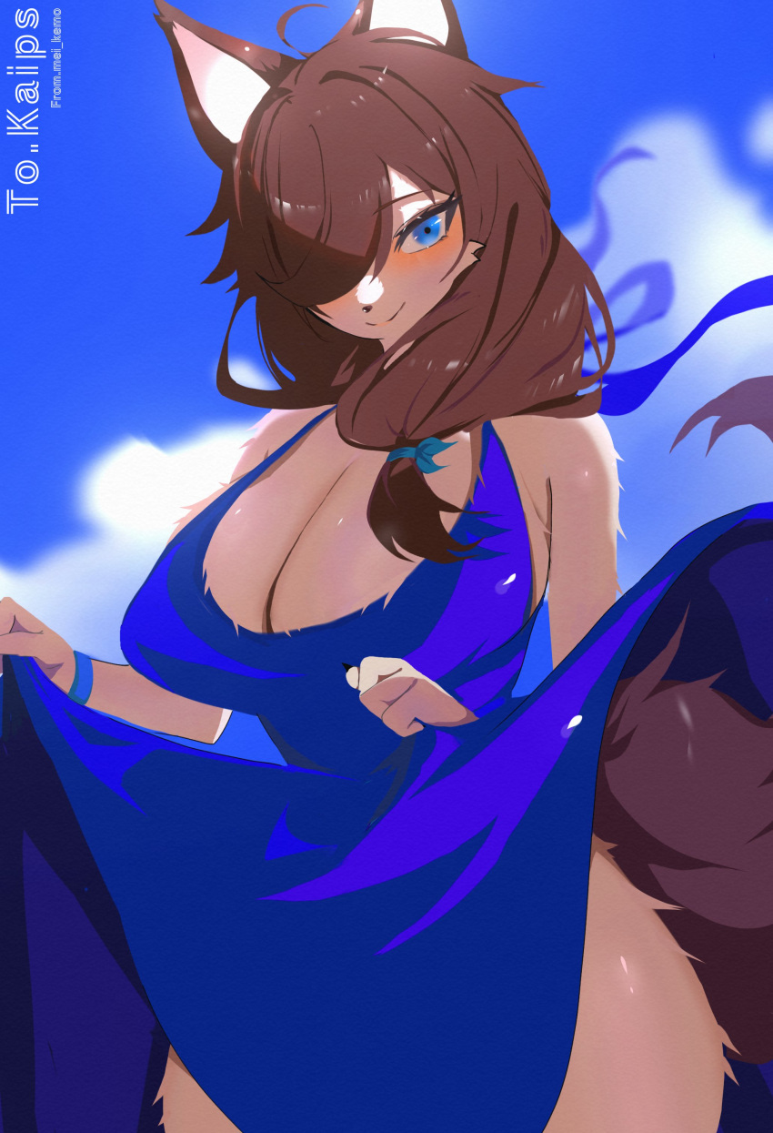 1girl absurdres animal_ears animal_nose blue_dress blue_eyes blush body_fur bracelet breasts brown_fur cleavage clothes_lift cloud commission dress dress_lift furry furry_female hair_over_one_eye head_tilt highres jewelry large_breasts looking_at_viewer mei_kemo one_eye_covered original skeb_commission sky smile solo tail