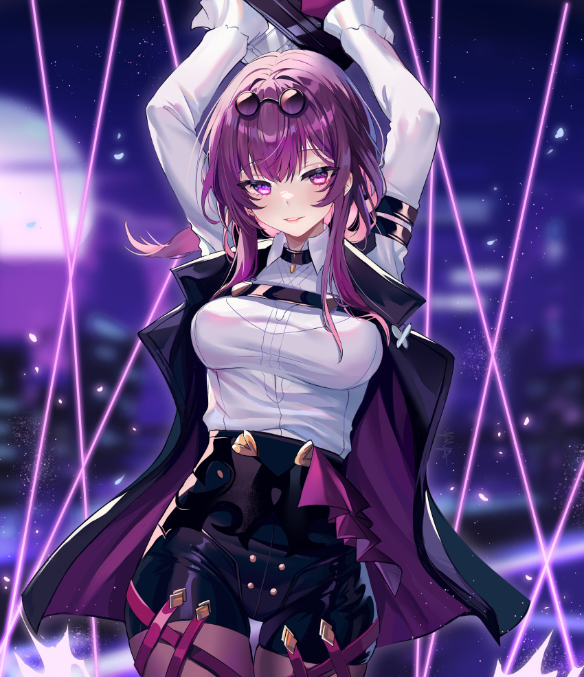 1girl absurdres arm_up black_jacket blush breasts earrings eyewear_on_head gloves highres holding honkai:_star_rail honkai_(series) jacket jewelry kafka_(honkai:_star_rail) large_breasts long_hair long_sleeves looking_at_viewer pantyhose purple_eyes purple_gloves purple_hair round_eyewear shirt shorts smile solo sunglasses thigh_gap white_shirt yaya_chan