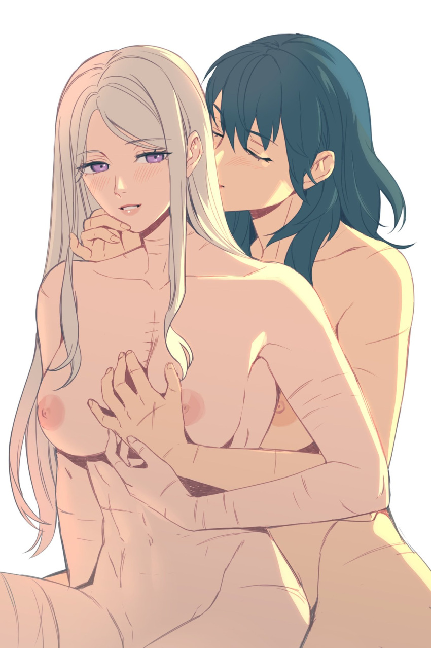 2girls blonde_hair blue_hair breasts byleth_(female)_(fire_emblem) byleth_(fire_emblem) closed_eyes collarbone commentary completely_nude cowboy_shot edelgard_von_hresvelg english_commentary fire_emblem fire_emblem:_three_houses from_side hand_on_another's_chest hand_on_another's_chin highres hug hug_from_behind light_blush long_hair medium_hair multiple_girls navel nude parted_lips purple_eyes radiostarkiller scar scar_on_arm scar_on_chest scar_on_hand scar_on_stomach sidelocks simple_background smile straight_hair swept_bangs toned too_many_scars white_background yuri