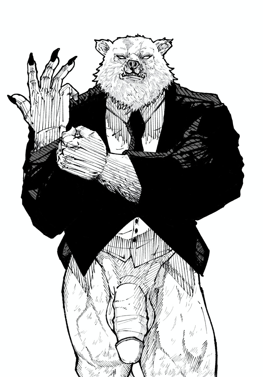 absurd_res angry_expression anthro balls bear big_penis biped black_clothing black_nails black_necktie black_suit black_tie_(suit) bottomless bottomless_anthro bottomless_male circumcised circumcision_scar clothed clothing colored_nails dress_shirt fingers fur genital_scar genitals glans half-erect hi_res humanoid_genitalia humanoid_penis male mammal muscular muscular_anthro muscular_legs muscular_male nails necktie partially_clothed penis scar shirt solo solo_focus standing suit thatmizuu thick_thighs topwear vein veiny_penis