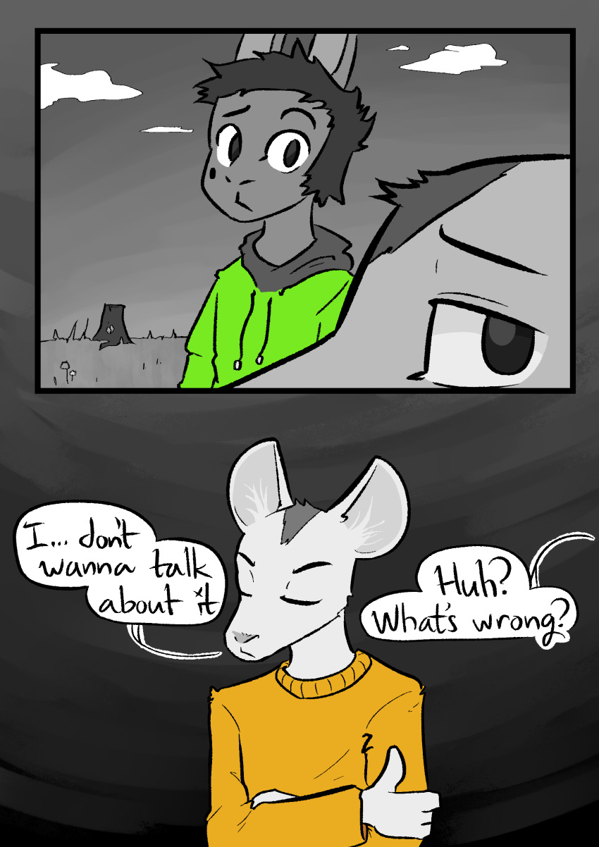 2023 absurd_res anthro beauchamp_(halcyon) clothed clothing comic dialogue digital_media_(artwork) duo english_text frown fur greyscale hair halcyon_(series) herba_(halcyon) hi_res lagomorph leporid lost_andsafe male mammal monochrome mouse murid murine rabbit rodent simple_background text