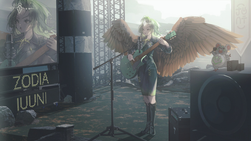 1girl :o absurdres black_footwear boots commentary feathered_wings from_side green_hair green_jacket green_skirt guitar highres holding holding_instrument idol instrument jacket knee_boots long_hair long_sleeves looking_ahead microphone microphone_stand mouse open_mouth orange_wings original outdoors parted_bangs patch_oxxo rubble ruins screen skirt solo speaker stage symbol-only_commentary wings yellow_eyes zoom_layer