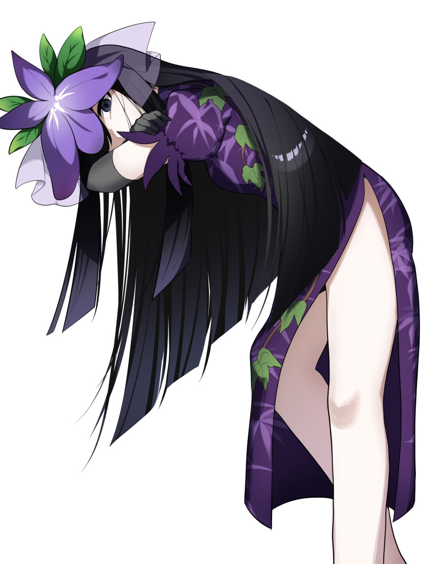 1girl ametama_(runarunaruta5656) black_gloves china_dress chinese_clothes cowboy_shot dress elbow_gloves floral_print flower flower_on_head gloves highres leaf_print long_hair looking_at_viewer orchid puffy_short_sleeves puffy_sleeves purple_dress purple_eyes short_sleeves solo touhou vine_print yomotsu_hisami