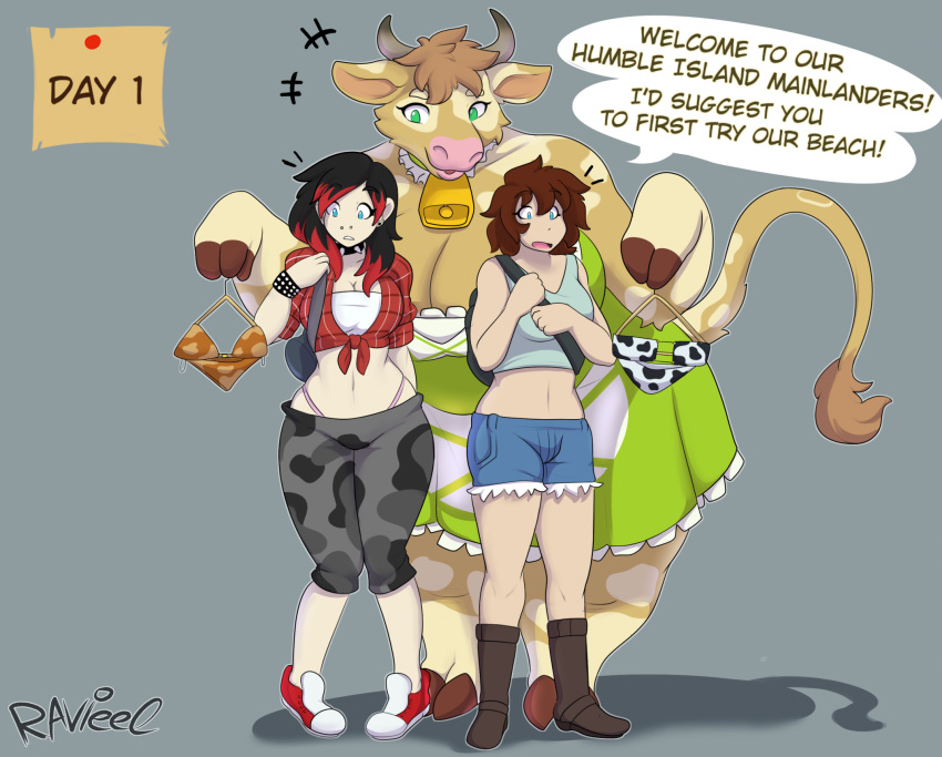 anthro bell bell_collar big_breasts bottomwear bovid bovine breasts brown_hair cattle cleavage clothed clothing collar cowbell crop_top dress female fingers footwear group hair hi_res highlights_(coloring) hooved_fingers hooves horn human larger_anthro mammal midriff pants pink_nose ravieel red_hair redshift_(reddrawsstuff) shirt shoes size_difference smaller_human standing thick_thighs thong_straps topwear