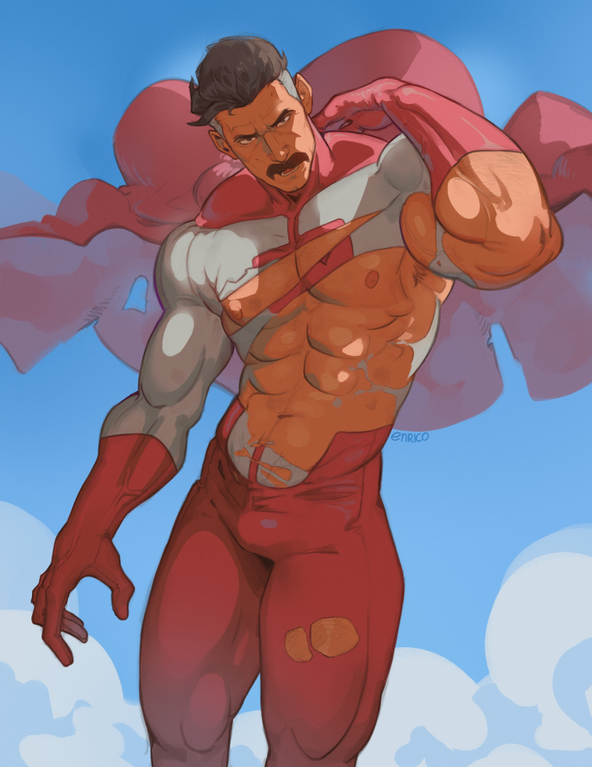 1boy abs absurdres bara black_hair bodysuit cape enri_(ceinordraws) facial_hair gloves highres invincible_(series) large_pectorals looking_at_viewer male_focus multicolored_hair muscular muscular_male mustache navel nipples nolan_grayson omni-man pectorals red_bodysuit red_cape red_gloves short_hair solo torn_bodysuit torn_clothes two-tone_bodysuit two-tone_hair white_bodysuit white_hair