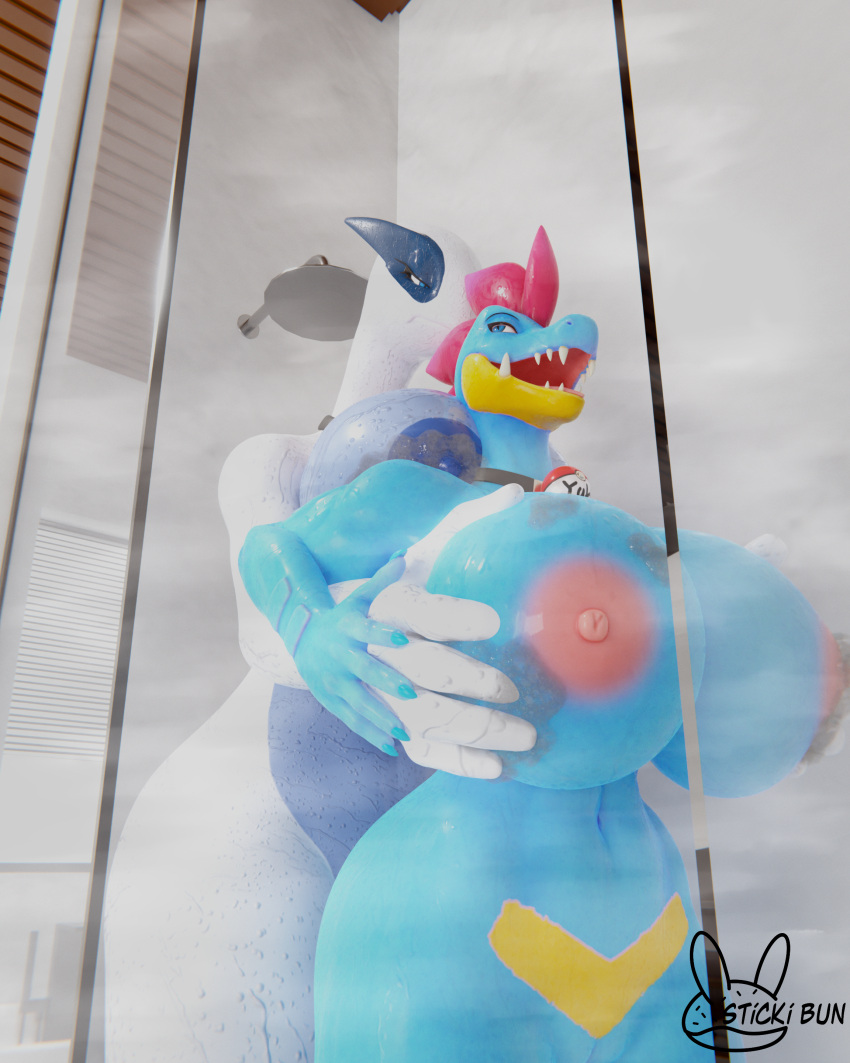 2022 3d_(artwork) absurd_res anthro areola bathing bathroom big_breasts blue_body breast_grab breasts digital_media_(artwork) duo eye_contact female female/female feraligatr generation_2_pokemon genitals grope groping_from_behind hand_on_breast hi_res holding_breast huge_breasts legendary_pokemon looking_at_another looking_back looking_pleasured lugia nintendo nipples nude open_mouth pink_areola pink_nipples pokemon pokemon_(species) pokemorph pussy reptile scalie shower showering size_difference smile standing steam sticki_bun suds thick_thighs tongue tongue_out water wet yugia_(evov1) yuki_(evov1) yukigatr_(evov1)