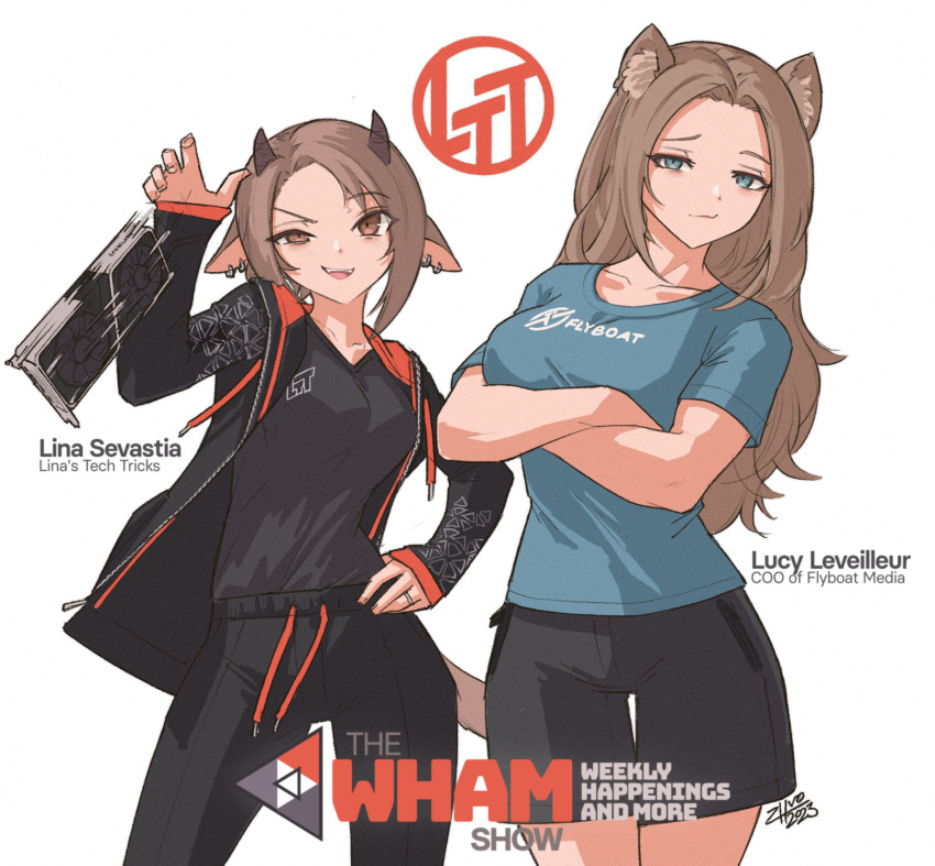 2girls animal_ears animification arm_up arms_under_breasts black_pants black_shirt black_shorts blue_eyes blue_shirt brand_name_imitation breasts brown_eyes brown_hair closed_mouth collarbone crossed_arms dated dropping earrings english_commentary english_text fangs genderswap genderswap_(mtf) gesugao graphics_card hand_on_own_hip highres hood hoodie horns jewelry light_brown_hair lina_sevastia linus_sebastian linus_tech_tips logo_parody lucy_leveilleur medium_breasts motion_blur motion_lines multiple_earrings multiple_girls open_clothes open_hoodie open_mouth original pants patterned_clothing pocket print_shirt ring shirt shorts signature sweatpants t-shirt teeth upper_teeth_only white_background zhvo zipper zipper_pull_tab