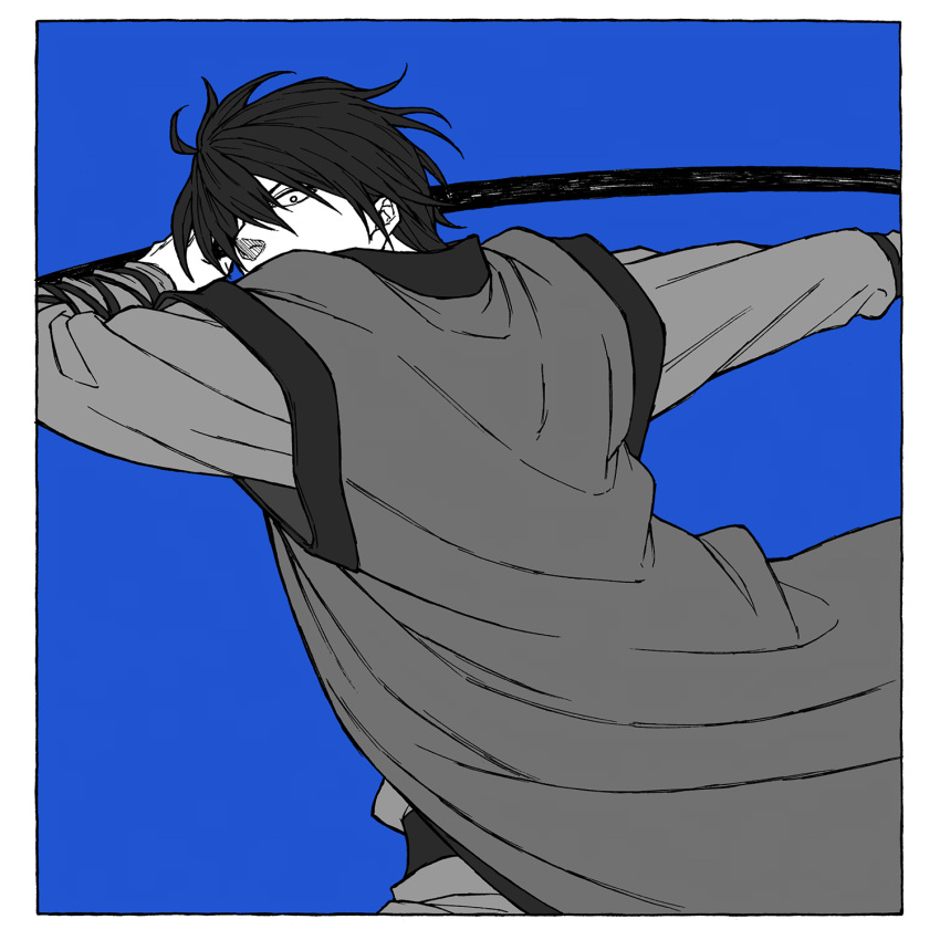 1boy akatsuki_no_yona blue_background border covered_mouth hair_between_eyes hak_(akatsuki_no_yona) highres holding holding_sword holding_weapon korean_clothes long_sleeves love_helix male_focus monochrome short_hair simple_background solo sword weapon white_border