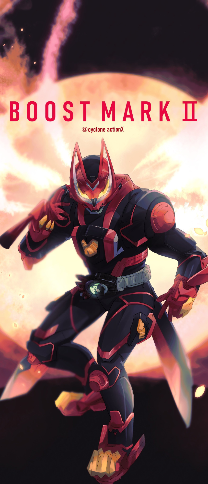 1boy absurdres armor black_armor black_bodysuit bodysuit boost_mark_ii_buckle commentary cowboy_shot cycloneactionx desire_driver fighting_stance fire flame_print fox fox_boy fox_mask gloves glowing glowing_eyes green_fire highres hitodama incoming_attack kamen_rider kamen_rider_geats kamen_rider_geats_(series) kamen_rider_geats_boost_mark_ii kitsune male_focus mask mouth_guard multiple_tails orange_eyes power_armor raise_buckle raised_fist red_footwear red_gloves shoulder_armor solo tail thighs twitter_username