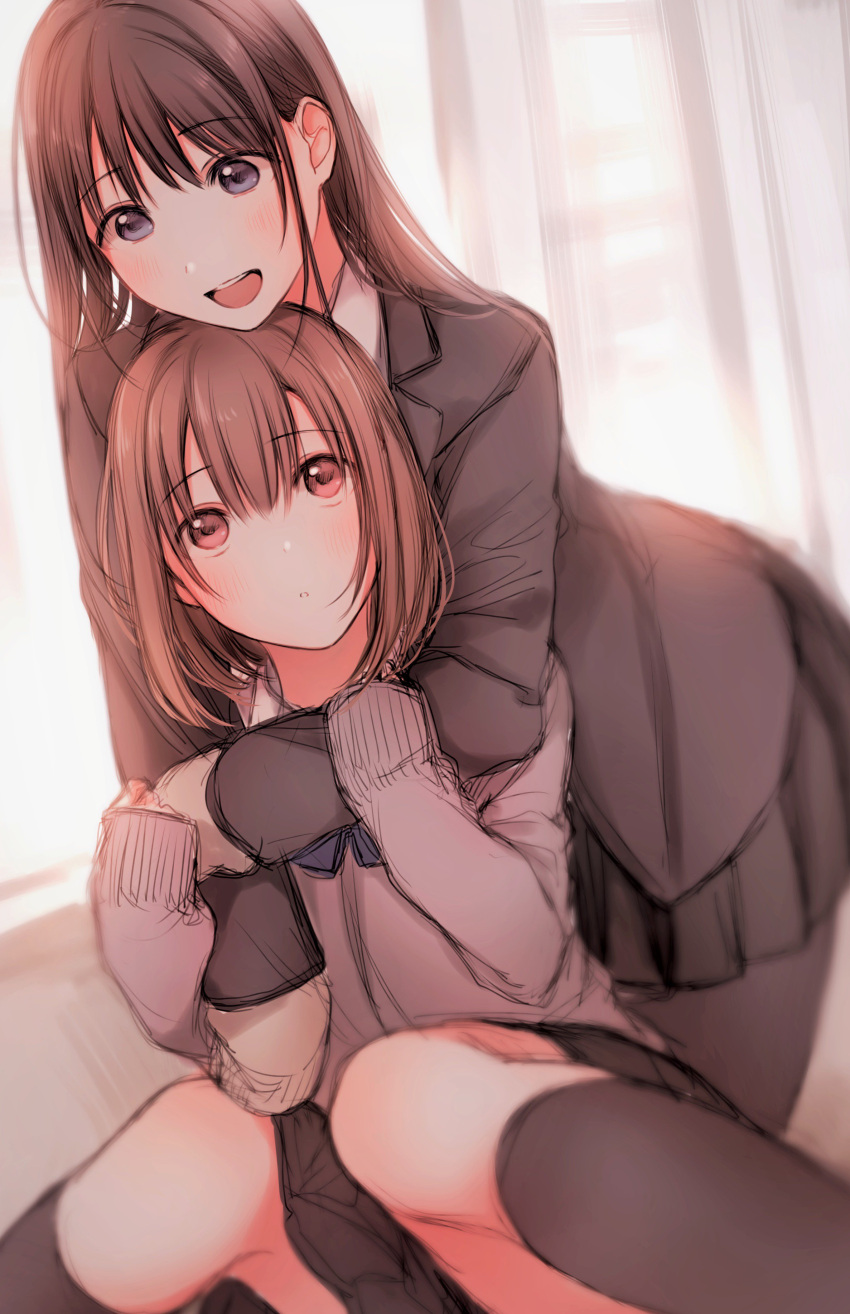 2girls :d absurdres black_hair black_jacket black_skirt black_socks blazer brown_eyes brown_hair grey_sweater highres hug hug_from_behind jacket kirisawa_saki kneehighs multiple_girls open_mouth original parted_lips pleated_skirt purple_eyes school_uniform sitting skirt smile socks sweater teeth upper_teeth_only