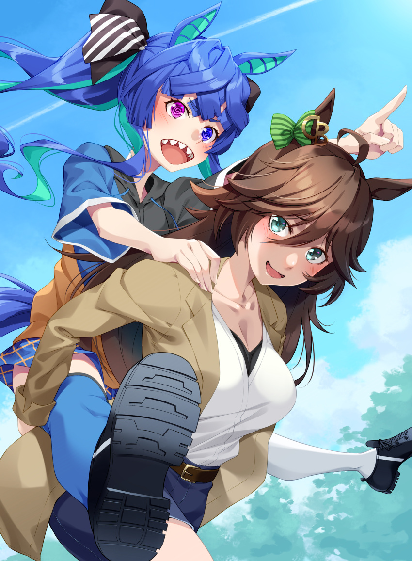 2girls :d absurdres ahoge animal_ears aqua_hair asymmetrical_legwear belt black_belt black_footwear black_hoodie black_ribbon blazer blue_eyes blue_hair blue_hoodie blue_skirt blue_sky blue_thighhighs brown_hair brown_jacket carrying casual commentary contrail crossed_bangs day denim denim_skirt drawstring ear_bow ear_ornament foreshortening hair_between_eyes hair_ribbon hand_on_another's_shoulder heterochromia highres hood hood_down hoodie horse_ears horse_girl jacket leaning_forward long_hair long_sleeves looking_at_viewer looking_to_the_side miniskirt mismatched_legwear mr._c.b._(umamusume) mukunokino_isshiki multicolored_hair multiple_girls open_mouth outdoors piggyback plaid plaid_skirt pointing purple_hair ribbon running sharp_teeth shirt shoes skirt sky smile teeth thighhighs twin_turbo_(umamusume) twintails two-tone_hair umamusume walking white_shirt white_thighhighs yellow_hoodie