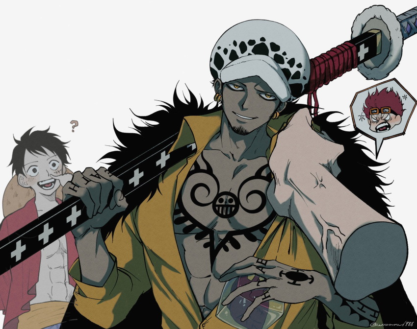 3boys ? abs anger_vein arm_tattoo black_hair chest_tattoo coat coat_on_shoulders earrings eustass_kid facial_hair feather_coat finger_tattoo goatee goggles goggles_on_head hand_tattoo hat hat_on_back highres holding_organ jaguar_print jewelry looking_at_viewer male_focus monkey_d._luffy multiple_boys nose_picking one_piece open_clothes open_shirt pectorals pov red_shirt scar scar_on_face sheath sheathed shirt short_hair simple_background smile straw_hat straw_hat_pirates sword tattoo trafalgar_law veins veiny_arms weapon white_background wosara yellow_shirt