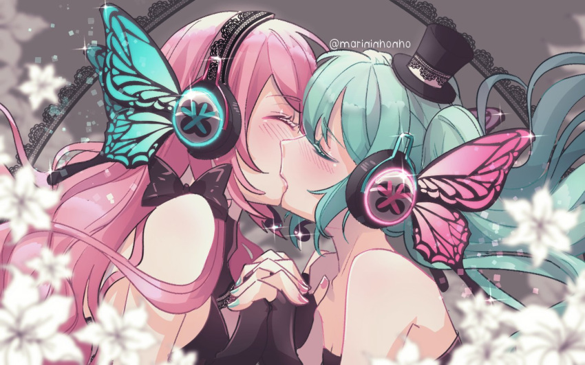 2girls aqua_hair aqua_nails bare_shoulders black_bow black_dress black_gloves blurry blurry_foreground blush bow breasts bridal_gauntlets butterfly_wings cleavage collarbone colored_eyelashes depth_of_field dress fingerless_gloves french_kiss gloves hat hatsune_miku headphones headset holding_hands interlocked_fingers kiss magnet_(vocaloid) marininho medium_breasts megurine_luka mini_hat multiple_girls pink_hair pink_nails small_breasts strapless strapless_dress twintails twitter_username vocaloid white_lily wings yuri