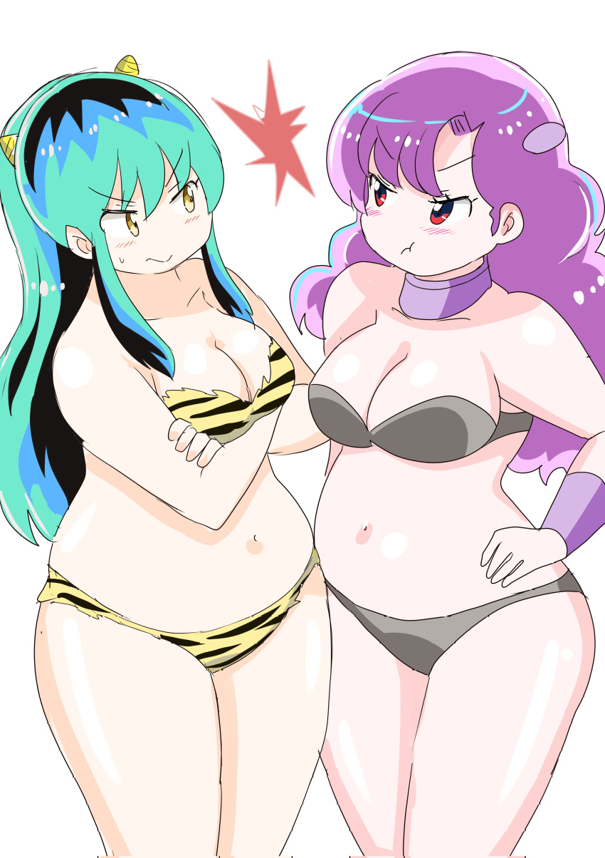 2girls absurdres alien animal_print annoyed bikini breasts choker cleavage cowboy_shot crossed_arms fur_bikini green_hair grey_bikini hand_on_own_hip highres horns lightning_glare long_hair lum medium_breasts multicolored_hair multiple_girls navel oni oni_horns pink_choker pink_hair plump pointy_ears rivalry simple_background strapless strapless_bikini swimsuit thick_thighs thighs tiger_print toyishiki_shizuoka urusei_yatsura wide_hips yellow_bikini yellow_horns