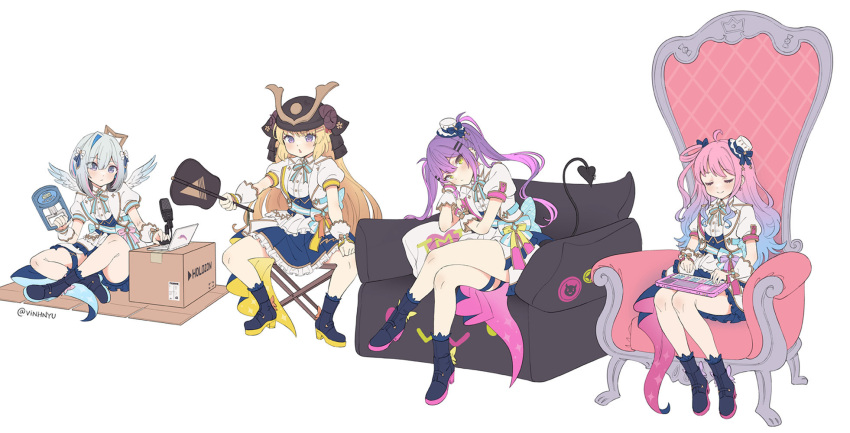 4girls ahoge amane_kanata armor asacoco boots box cardboard_box chair computer couch crossed_legs demon_tail folding_chair gradient_hair hat helmet highres himemori_luna hololive hololive_idol_uniform_(bright) horns japanese_armor kabuto_(helmet) laptop long_hair microphone mini_hat mini_top_hat multicolored_hair multiple_girls sheep_horns smile tail tokoyami_towa top_hat tsunomaki_watame twintails twitter_username vinhnyu virtual_youtuber war_fan white_background