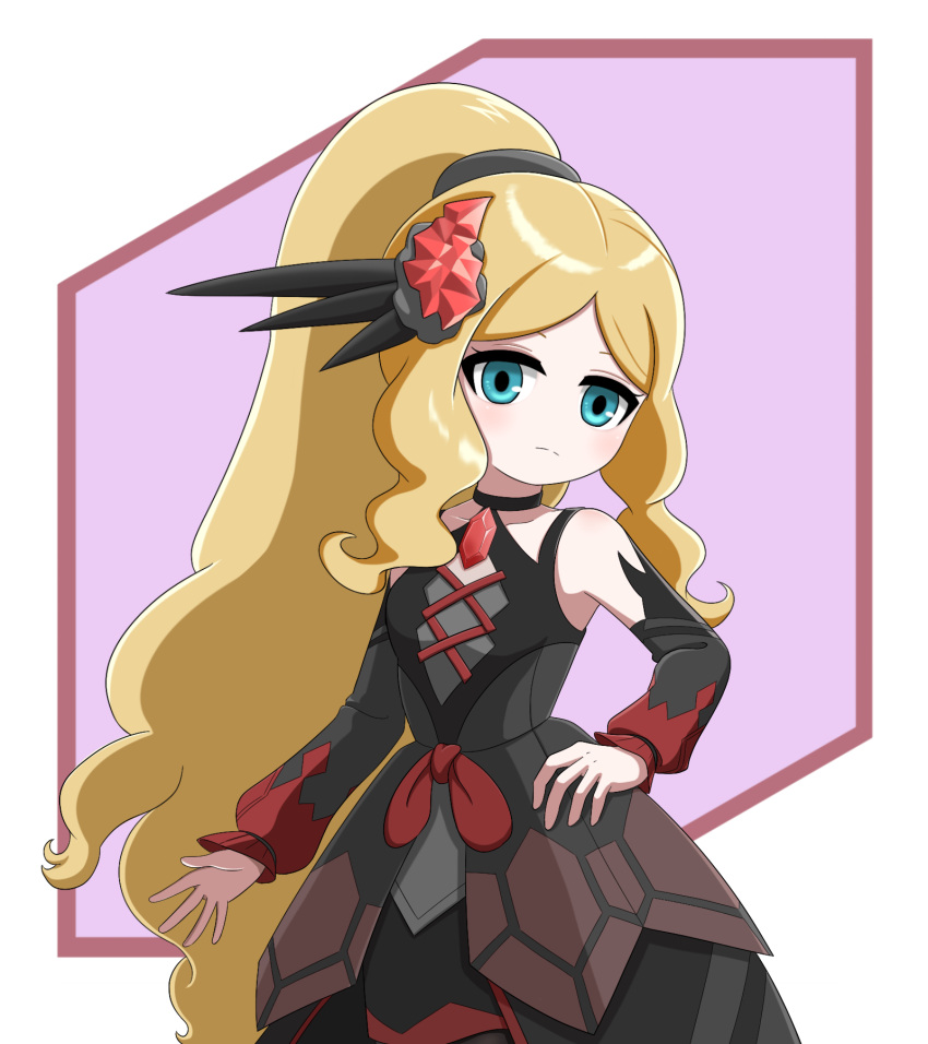 bare_shoulders black_dress blonde_hair blue_eyes caitlin_(fall_2021)_(pokemon) caitlin_(pokemon) closed_mouth detached_sleeves dress gem hair_ornament highres long_hair looking_at_viewer nana_(eyzy2454) official_alternate_costume official_alternate_hairstyle pokemon pokemon_(game) pokemon_masters_ex ponytail simple_background very_long_hair