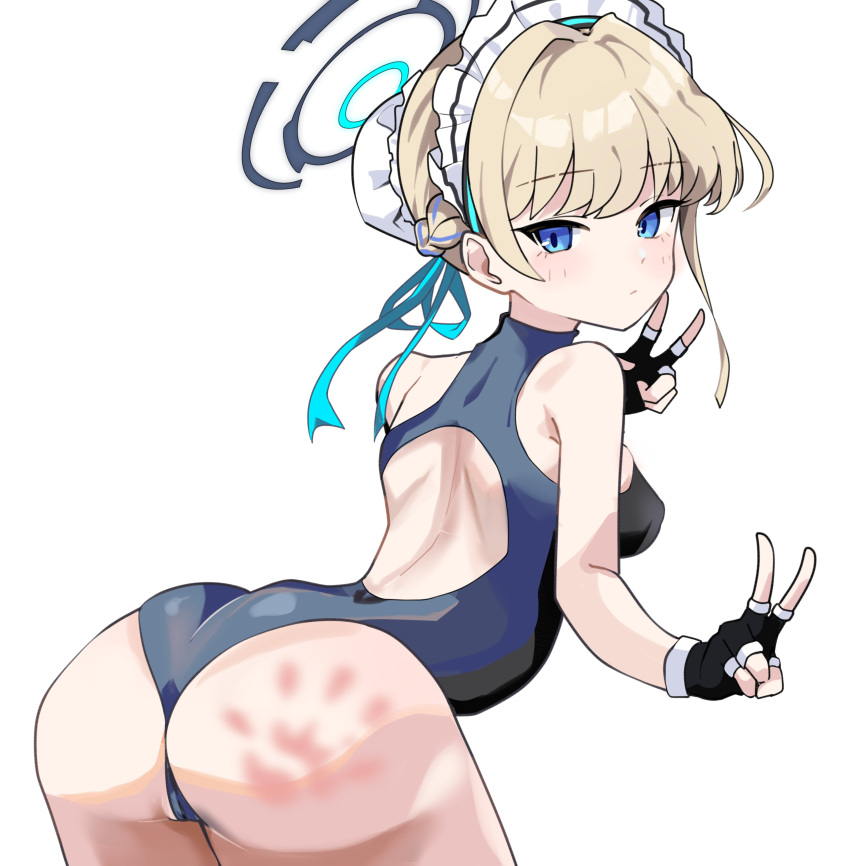 1girl absurdres ass blonde_hair blue_archive blue_eyes blush breasts competition_swimsuit double_v fingerless_gloves gloves halo highres looking_at_viewer looking_back maid_headdress medium_breasts mitche one-piece_swimsuit skindentation slap_mark solo swimsuit toki_(blue_archive) v