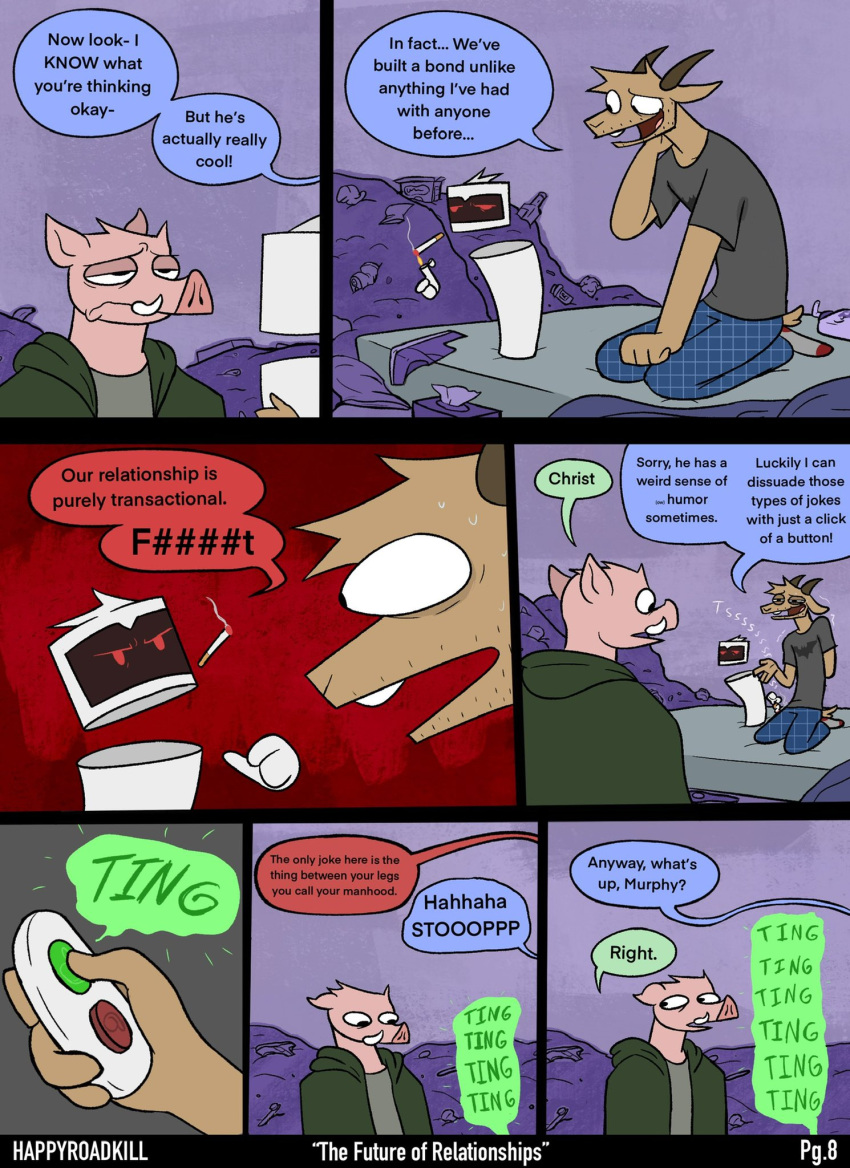7_panel_comic anthro bed bovid brown_body brown_fur bulging_eyes caprine cigarette cigarette_burn clothing controller curved_horn dialogue domestic_pig english_text fur furniture goat grey_background group half-closed_eyes happyroadkill hi_res horn humor kneeling_on_bed machine male mammal messy_room narrowed_eyes on_bed open_mouth open_smile pajama_pants pink_body pink_skin purple_background red_background remote_control robot shirt simple_background smile smoking smoking_tobacco sound_effects speech_bubble stubble suid suina sus_(pig) t-shirt text topwear trio tusks wide_eyed