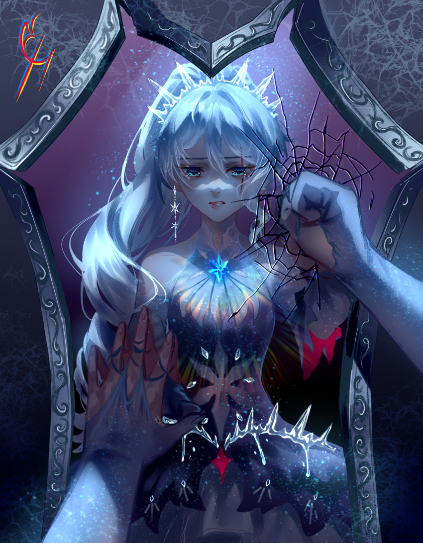 1girl artist_name bare_shoulders blue_dress blue_eyes broken_mirror coconuthound detached_sleeves dress earrings hair_ornament hand_on_mirror highres ice jewelry long_hair looking_at_mirror mirror ponytail reflection rwby scar scar_across_eye solo weiss_schnee white_hair