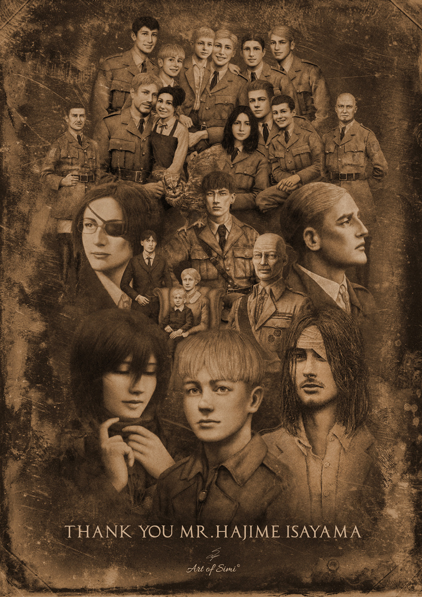 1other 4girls 6+boys aged_down aged_up armin_arlert bald bandage_over_one_eye bertolt_hoover brothers brown_theme cheek-to-cheek closed_eyes colt_grice dina_fritz dot_pixis english_text eren_kruger eren_yeager erwin_smith expressionless eyepatch facial_hair falco_grice family gabi_braun goatee grisha_yeager group_picture heads_together highres jean_kirchstein keith_shadis looking_ahead marcel_galliard marco_bodt marley_military_uniform mikasa_ackerman multiple_boys multiple_girls necktie official_alternate_costume pieck_finger porco_galliard realistic reiner_braun scarf shingeki_no_kyojin siblings simi_braun thank_you theo_magath zeke_yeager