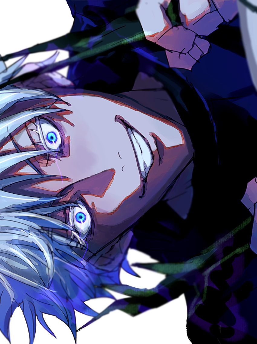 1boy a00xm black_jacket blue_eyes gojou_satoru grin hanami_(jujutsu_kaisen) hands_up highres jacket jujutsu_kaisen looking_at_viewer male_focus out_of_frame portrait short_hair sideways simple_background smile solo_focus teeth white_background white_hair