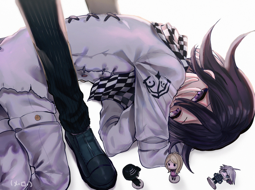 2boys akamatsu_kaede black_footwear black_hair black_pants blonde_hair checkered_clothes checkered_scarf chibi commentary covering_mouth danganronpa_(series) danganronpa_v3:_killing_harmony figure hair_between_eyes jacket k1-b0 long_hair long_sleeves looking_at_viewer lying male_focus merocake multiple_boys oma_kokichi on_side pants purple_eyes ringed_eyes saihara_shuichi scarf short_hair signature simple_background solo_focus straitjacket v white_background white_jacket white_pants