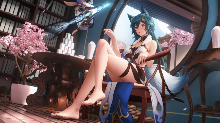 1girl animal_ears aqua_hair architecture bare_shoulders barefoot blue_sky blush breasts chair cherry_blossoms crossed_legs east_asian_architecture feet fox_ears fox_girl fox_tail full_body hair_between_eyes heart heart-shaped_pupils highres honkai:_star_rail honkai_(series) indoors large_breasts legs ling_dianxia long_hair looking_at_viewer mahjong mahjong_tile medium_breasts parted_lips plant potted_plant purple_eyes sitting skindentation sky solo symbol-shaped_pupils table tail toenails toes waist_cutout yukong_(honkai:_star_rail)