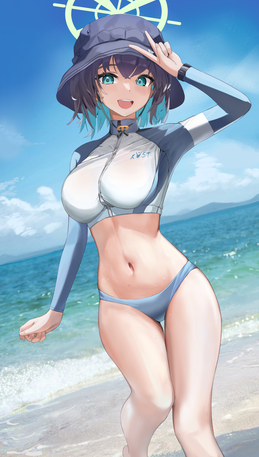 1girl absurdres arm_up beach bikini bikini_bottom_only black_hair blue_archive blue_bikini blue_sky blush breasts bucket_hat cloud cowboy_shot cropped_jacket day fuenyuan green_eyes green_halo hair_between_eyes halo hand_up hat highres horizon jacket large_breasts long_sleeves looking_at_viewer multicolored_clothes multicolored_jacket navel ocean official_alternate_costume open_mouth outdoors raglan_sleeves rash_guard revision saki_(blue_archive) saki_(swimsuit)_(blue_archive) short_hair sky smile solo standing stomach swimsuit thighs two-tone_jacket v water