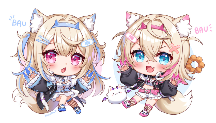 2girls :d :o animal_collar animal_ear_fluff animal_ears bandaid_hair_ornament belt black_collar black_jacket blonde_hair blue_belt blue_eyes blue_hair blue_hairband blue_nails blush breasts chestnut_mouth chibi claw_pose claws collar colored_shoe_soles commentary cropped_jacket cropped_shirt crossed_bangs dog_ears dog_girl dog_tail double-parted_bangs doughnut dress english_commentary fake_horns fang fishnet_socks fishnet_thighhighs fishnets flat_chest food frilled_shorts frilled_sleeves frills full_body fur-trimmed_jacket fur_trim fuwawa_abyssgard hair_between_eyes hair_intakes hair_ornament hairband hairclip hololive hololive_english horns jacket kneehighs long_hair long_sleeves looking_at_viewer medium_breasts mococo_abyssgard moorina multicolored_hair multiple_girls nail_polish open_mouth over-kneehighs perroccino_(fuwamoco) pink_belt pink_eyes pink_hair pink_hairband pink_nails pon_de_ring shirt shoes short_dress short_hair short_shorts shorts simple_background single_over-kneehigh single_thighhigh smile sneakers socks streaked_hair tail thighhighs two_side_up v-shaped_eyebrows virtual_youtuber white_background white_dress white_footwear white_shirt white_shorts x_hair_ornament