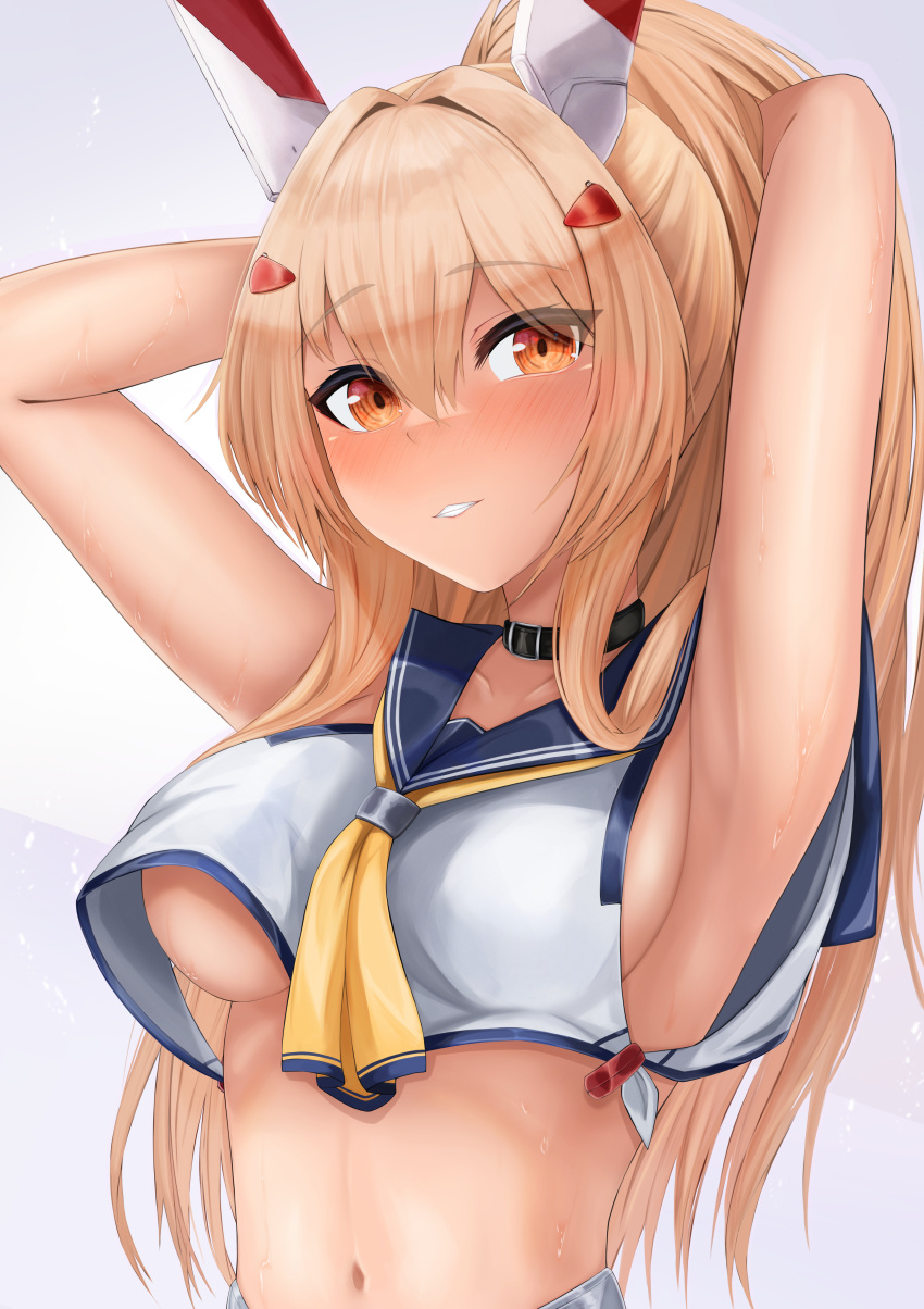 1girl absurdres armpits ayanami_(azur_lane) azur_lane bare_arms bare_shoulders blonde_hair blush breasts commentary_request grey_background hair_between_eyes hair_intakes hair_ornament hairclip headgear highres long_hair looking_at_viewer medium_breasts navel ponytail red_eyes ryara shirt sleeveless sleeveless_shirt solo tan upper_body very_long_hair white_shirt