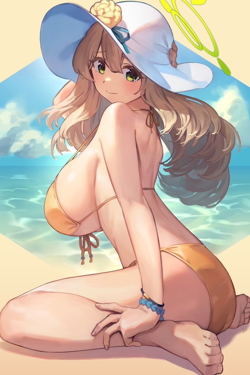 1girl absurdres bikini blue_archive blush bracelet breasts front-tie_bikini_top front-tie_top green_eyes halo hat highres huge_breasts jewelry light_brown_hair light_smile looking_at_viewer looking_to_the_side nonomi_(blue_archive) nonomi_(swimsuit)_(blue_archive) official_alternate_costume sitting solo string_bikini sun_hat swimsuit toes ubo_(ubo_tales) wariza white_headwear yellow_bikini