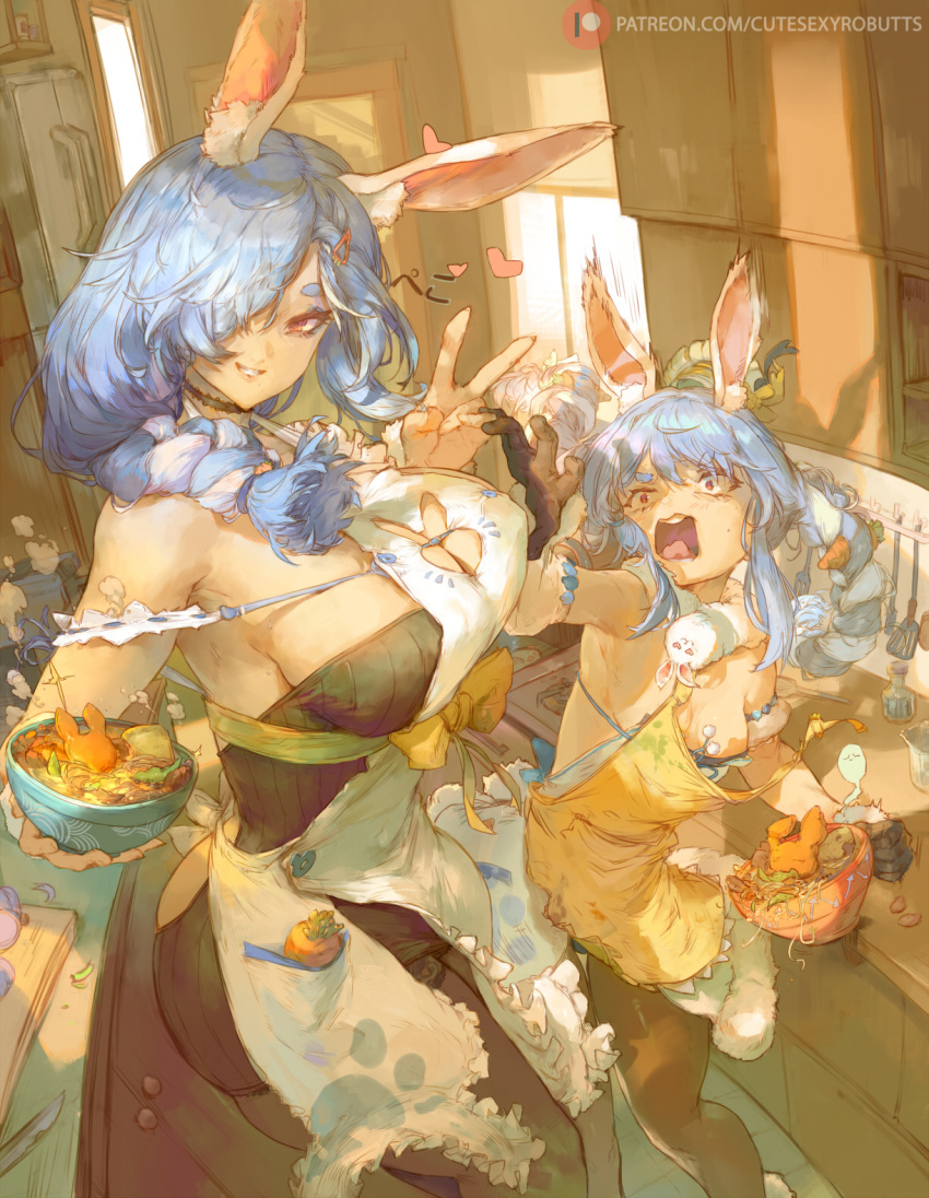 2girls animal_ears apron bare_shoulders black_dress blue_hair bowl braid breasts brown_pantyhose carrot_hair_ornament cleavage cutesexyrobutts dress food food-themed_hair_ornament fur_scarf gloves grin hair_ornament highres hololive large_breasts light_blue_hair long_hair looking_at_viewer medium_breasts mother_and_daughter multiple_girls open_mouth pantyhose pekomama rabbit_ears rabbit_girl red_eyes short_eyebrows smile twin_braids usada_pekora v virtual_youtuber white_apron white_dress white_hair yellow_apron