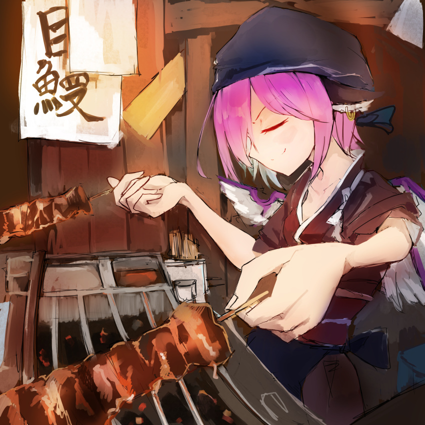 1girl absurdres animal_ears bird_ears bird_wings brown_dress closed_eyes collarbone cooking dress earrings fish_(food) food_stand grill grilled_eel hat highres izakaya jewelry medium_hair mystia_lorelei pink_hair safutsuguon smirk solo touhou wings