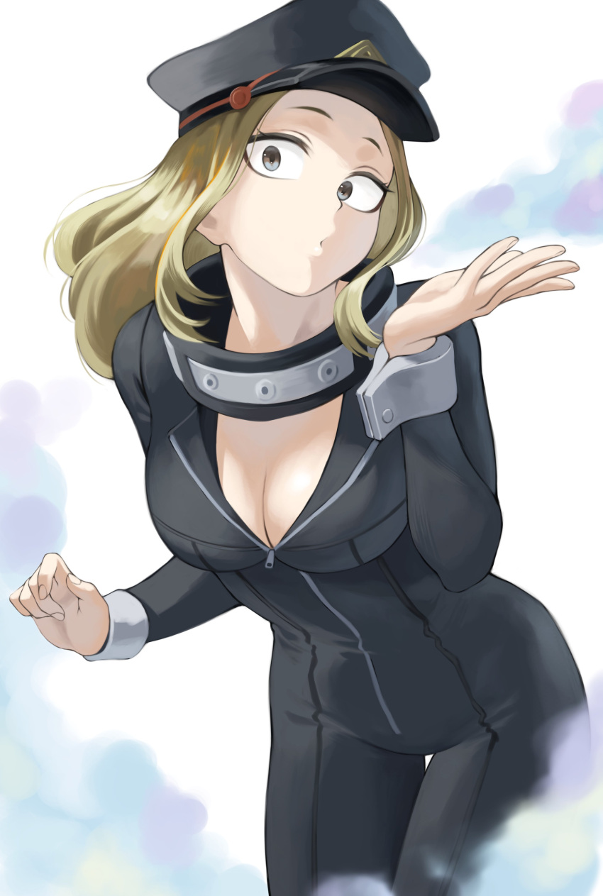 1girl absurdres black_bodysuit blonde_hair bodysuit boku_no_hero_academia breasts brown_eyes cleavage fengling_(furin-jp) fog hand_up hat highres leaning_forward long_hair looking_at_viewer medium_breasts parted_lips partially_unzipped peaked_cap solo standing superhero utsushimi_kemii white_background