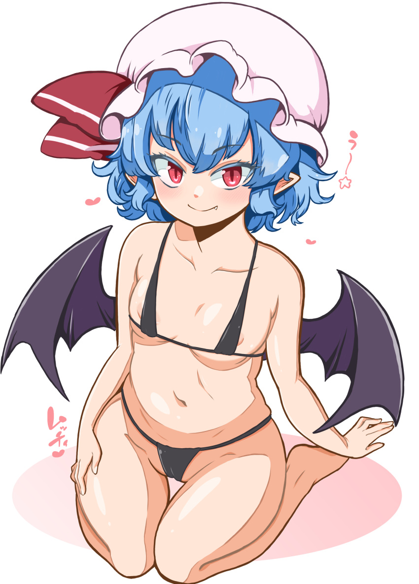 1girl absurdres areola_slip arm_support bad_anatomy bad_proportions bare_legs barefoot bat_wings blue_hair blush breasts closed_mouth collarbone commentary_request fang fang_out from_above hand_on_own_leg hat hat_ribbon heart highres himajin_noizu looking_at_viewer medium_breasts messy_hair mob_cap navel pointy_ears red_eyes remilia_scarlet ribbon short_hair simple_background sitting slit_pupils smile solo star_(symbol) touhou upturned_eyes wariza white_background wings