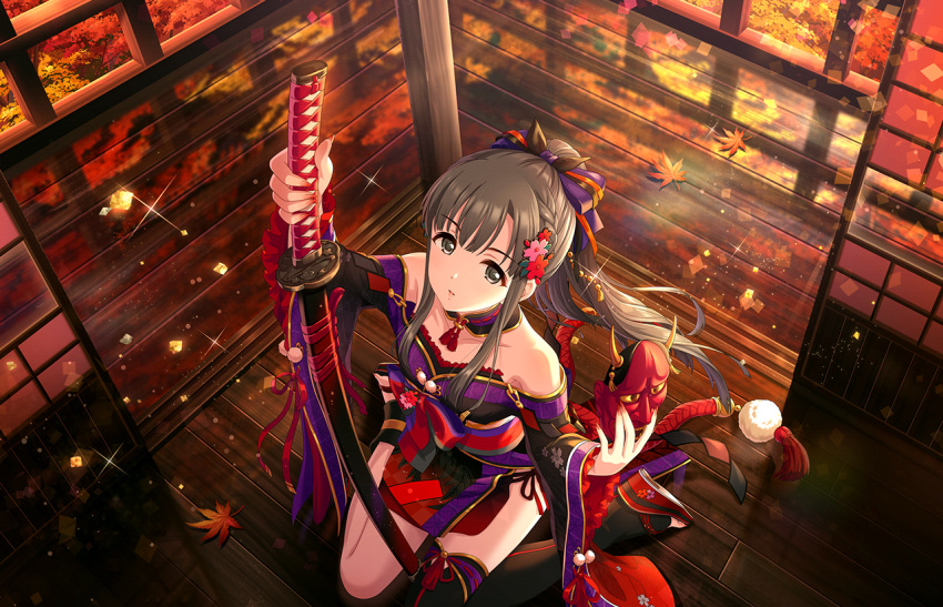 1girl architecture arm_up autumn_leaves bare_shoulders black_kimono black_thighhighs bow braid breasts brown_eyes brown_hair closed_mouth collarbone detached_collar east_asian_architecture foreshortening frilled_kimono frills from_above game_cg gold_trim hair_bow hair_ornament hand_up holding holding_mask holding_sword holding_weapon idolmaster idolmaster_cinderella_girls idolmaster_cinderella_girls_starlight_stage indoors japanese_clothes katana kimono kobayakawa_sae legs long_hair long_sleeves looking_at_viewer mask multicolored_clothes multicolored_kimono off_shoulder official_art on_ground oni_mask purple_bow purple_kimono reflective_floor sandals sheath sheathed short_kimono single_thighhigh sitting small_breasts solo sparkle sword tassel thighhighs thighs toeless_legwear toes wariza weapon wide_sleeves wooden_floor