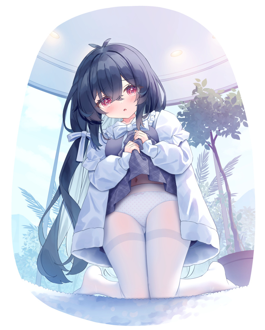 1girl :o black_hair black_shirt black_skirt blue_bow bow bow_panties breasts clothes_lift commentary_request hair_between_eyes highres jacket kneeling knees_together_feet_apart lifted_by_self long_hair long_sleeves looking_at_viewer medium_breasts navel no_shoes open_clothes open_jacket original panties panties_under_pantyhose pantyhose parted_lips plant pleated_skirt polka_dot polka_dot_panties potted_plant puffy_long_sleeves puffy_sleeves red_eyes satsuki_yukimi shirt skirt skirt_lift sleeves_past_wrists solo thighband_pantyhose tree underwear very_long_hair white_jacket white_panties white_pantyhose