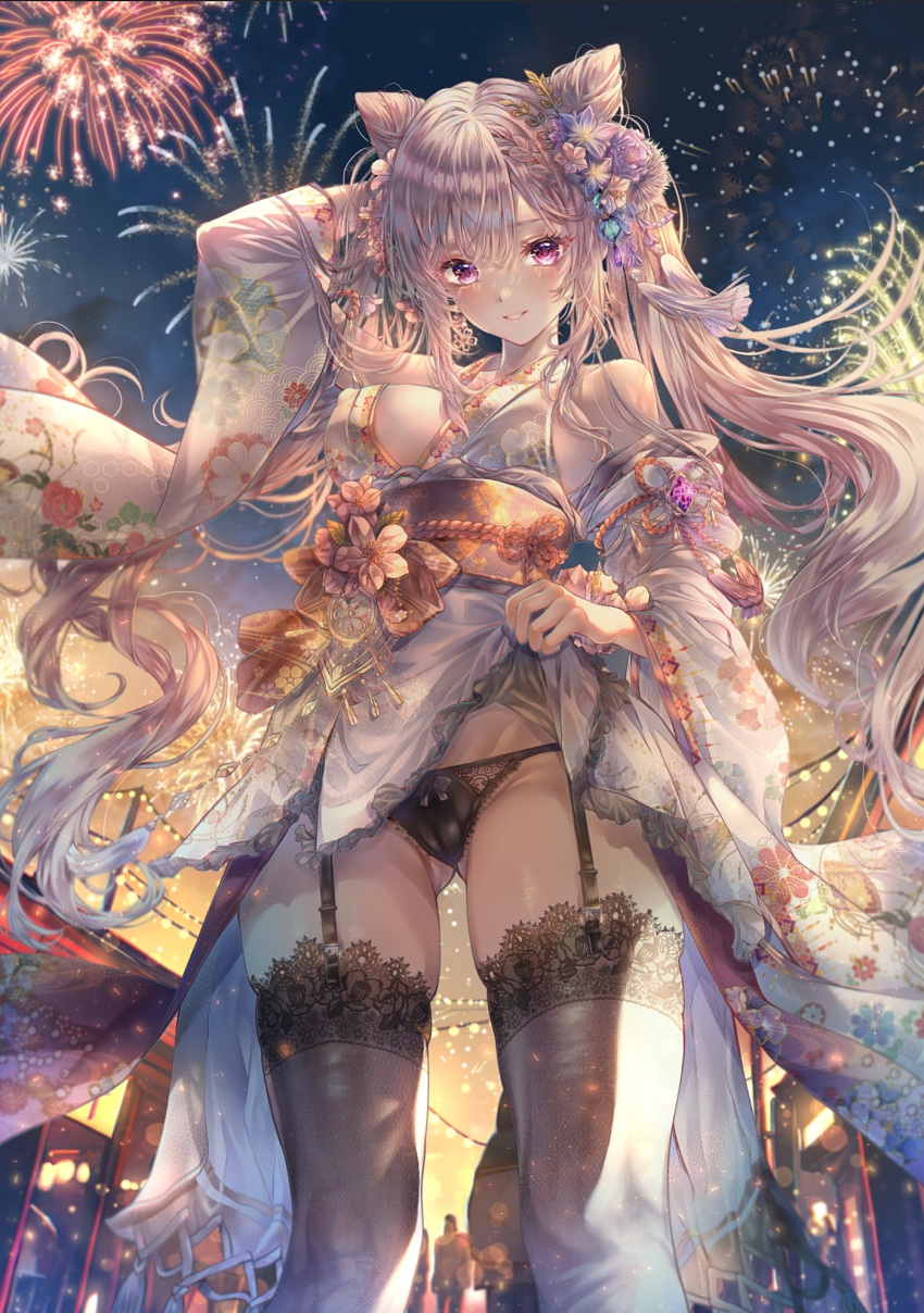 1girl alternate_costume ass_visible_through_thighs bare_shoulders black_panties bow bow_panties braid breasts cameltoe clothes_lift cone_hair_bun covered_nipples detached_sleeves festival fireworks floral_print flower from_below garter_straps genshin_impact grey_hair grey_thighhighs hair_bun hair_flower hair_ornament hand_in_own_hair highres japanese_clothes jewelry keqing_(genshin_impact) kimono kimono_lift lace-trimmed_thighhighs lens_flare long_hair looking_at_viewer medium_breasts mewmiyu night obi obijime outdoors panties purple_eyes sash sleeveless sleeveless_kimono smile standing teeth thighhighs twintails underwear white_kimono wide_sleeves yellow_sash