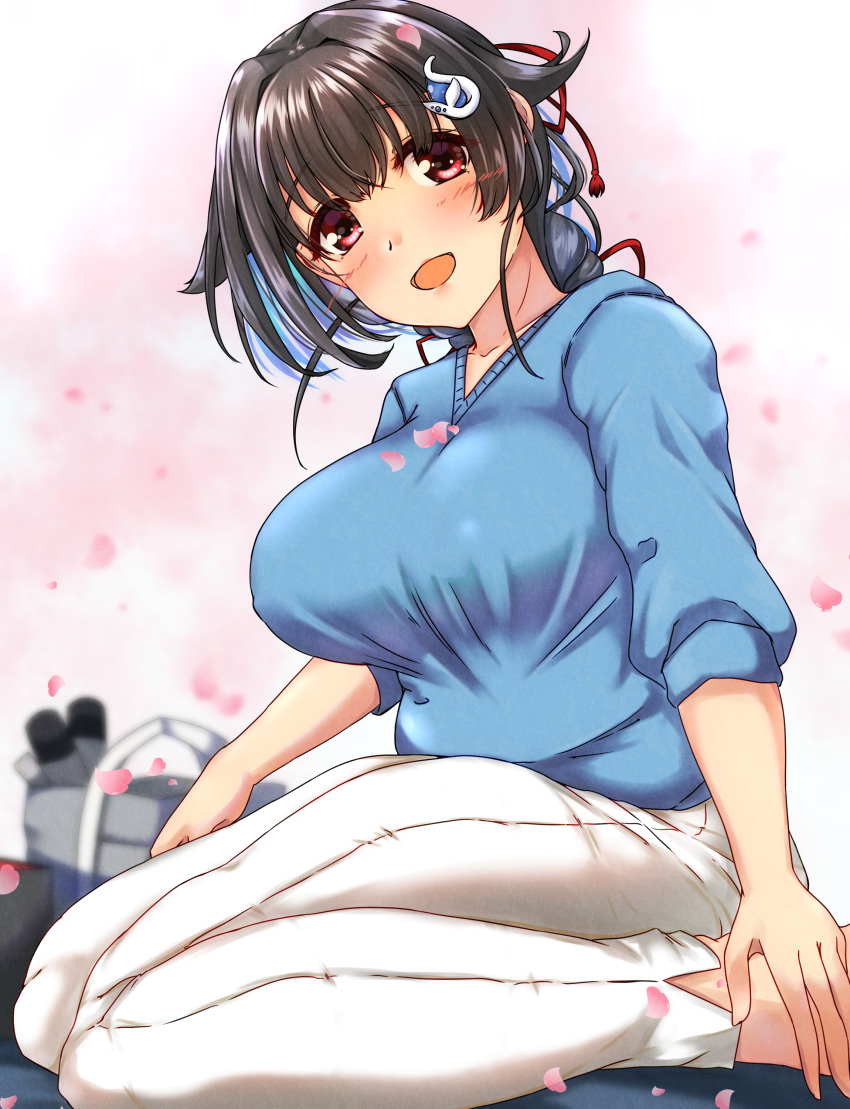 1girl absurdres bag black_hair blue_sweater braid breasts feet_out_of_frame hair_flaps hair_ornament hairclip highres jingei_(kancolle) kantai_collection large_breasts long_hair low_ponytail official_alternate_costume pants red_eyes seiza shigatsu_(soratobuusagi) single_braid sitting smile solo sweater white_pants