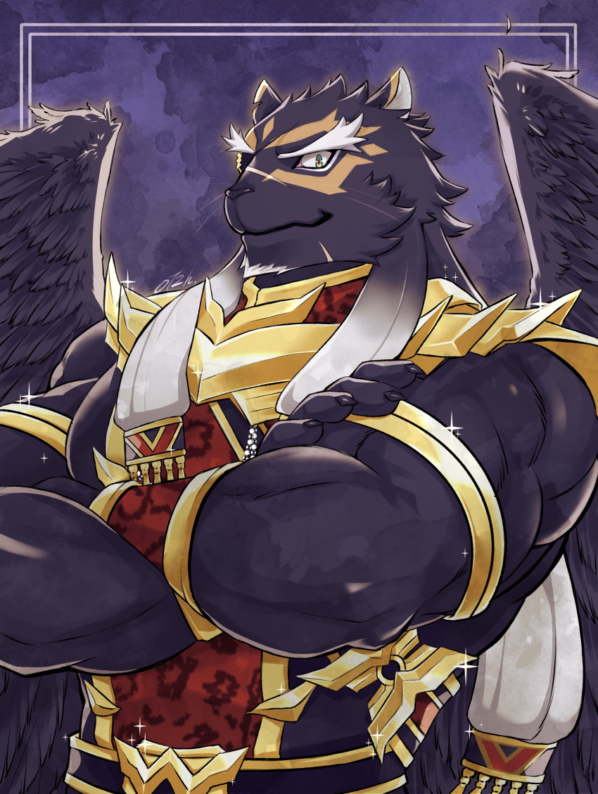 1boy absurdres bara beard black_wings character_request closed_mouth copyright_request crossed_arms egyptian_clothes facial_hair facial_tattoo furry furry_male green_eyes highres light_smile looking_at_viewer muscular muscular_male oo12hhh purple_background tattoo thick_eyebrows wings