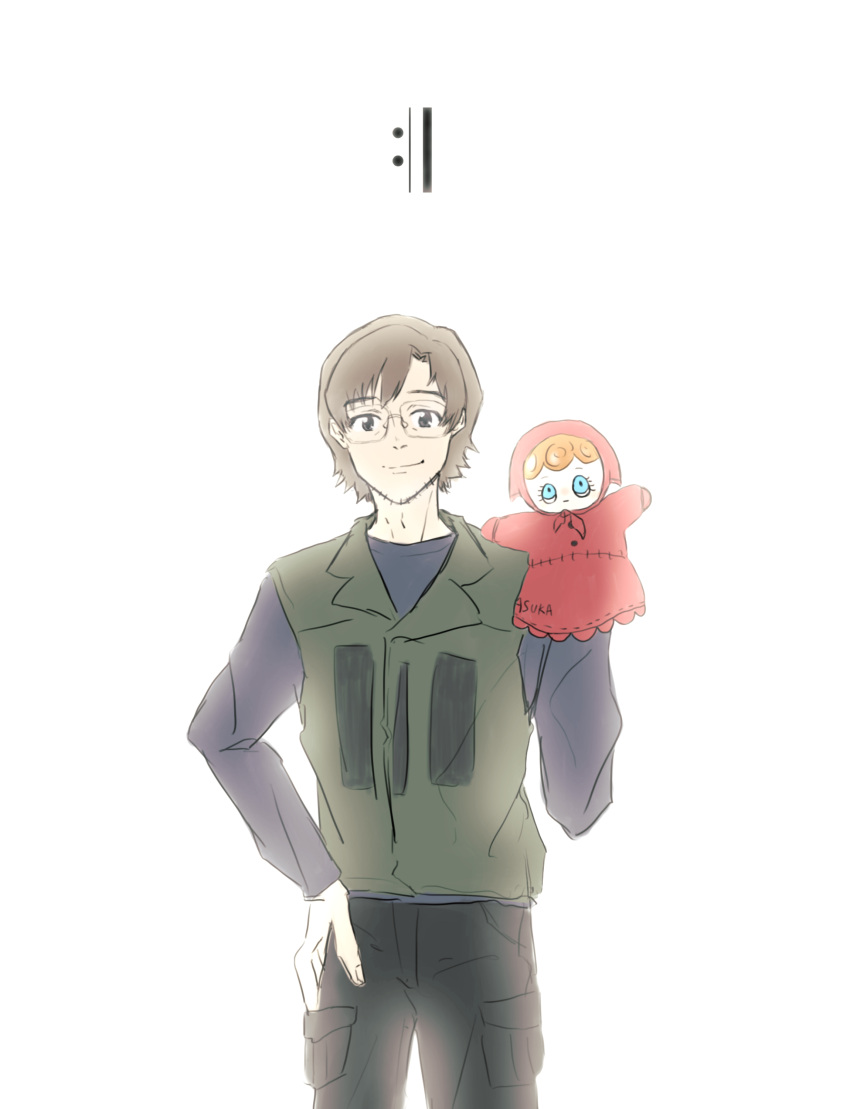 1boy absurdres aida_kensuke brown_eyes brown_hair closed_mouth doll evangelion:_3.0+1.0_thrice_upon_a_time facial_hair glasses grin hand_on_own_hip hand_puppet highres jacket keta9232 long_sleeves looking_at_viewer neon_genesis_evangelion puppet rebuild_of_evangelion short_hair simple_background smile solo standing white_background