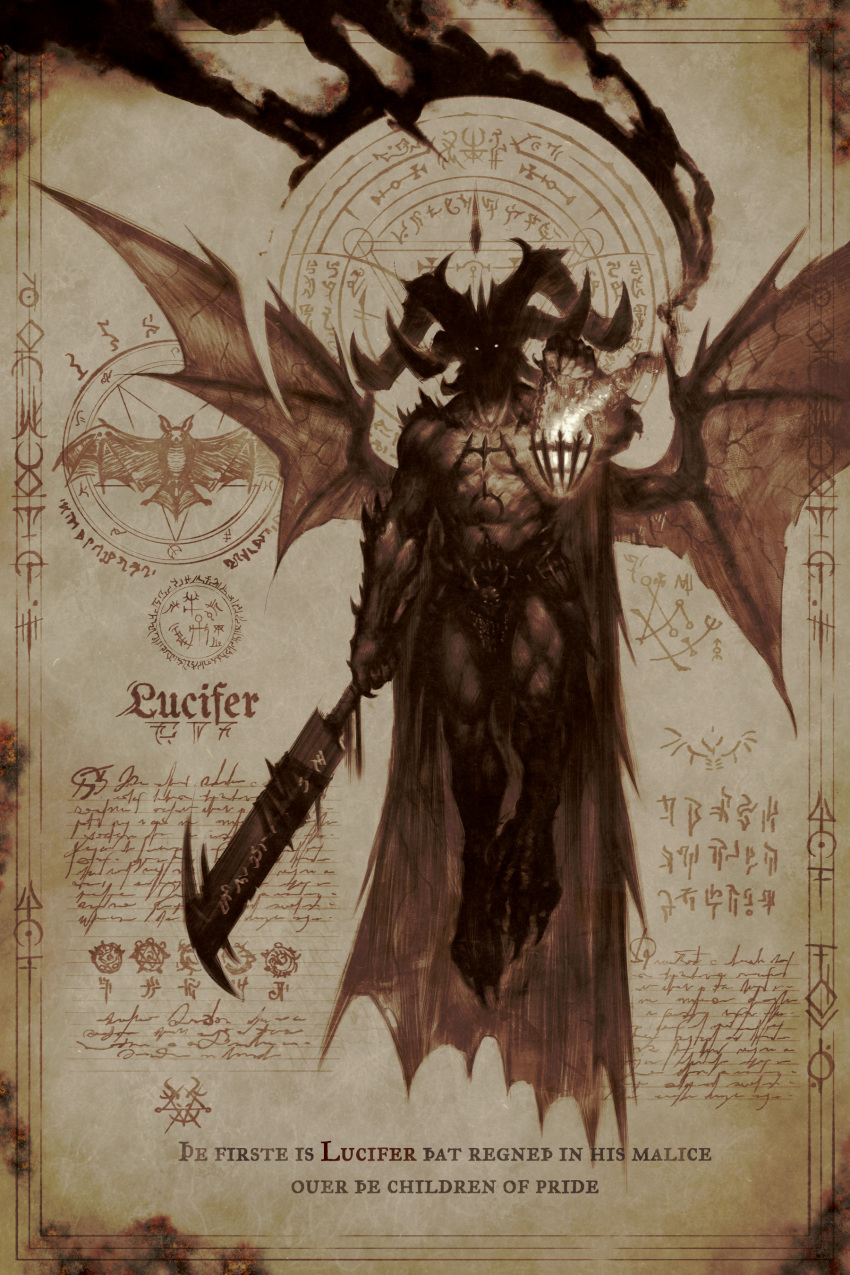 1boy absurdres demon demon_horns demon_wings fire full_body glowing glowing_eyes highres holding holding_sword holding_weapon horns latin_text looking_at_viewer lucifer multiple_horns muscular muscular_male nate_rose original satan solo sword translation_request weapon wings