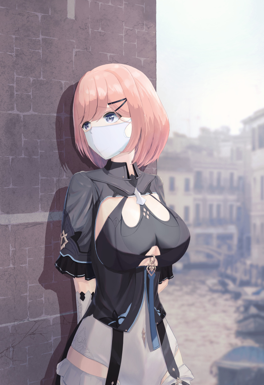 1girl absurdres against_wall arms_behind_back bandeau black_bandeau black_shirt bob_cut breasts brick_wall commentary covered_mouth cowboy_shot day dozima_(fci8abxytk3bgbv) elbow_gloves framed_breasts gloves grey_eyes hair_ornament hairclip highres honkai_(series) honkai_impact_3rd large_breasts leotard looking_to_the_side mask mouth_mask outdoors pink_hair shadow shirt short_hair short_sleeves sidelocks single_elbow_glove single_glove solo standing thighhighs timido_cute town underboob white_gloves white_leotard white_thighhighs